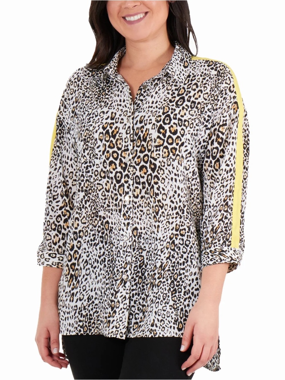 NY Collection Leopard Print Button-Front Blouse with Yellow Shoulder Stripe